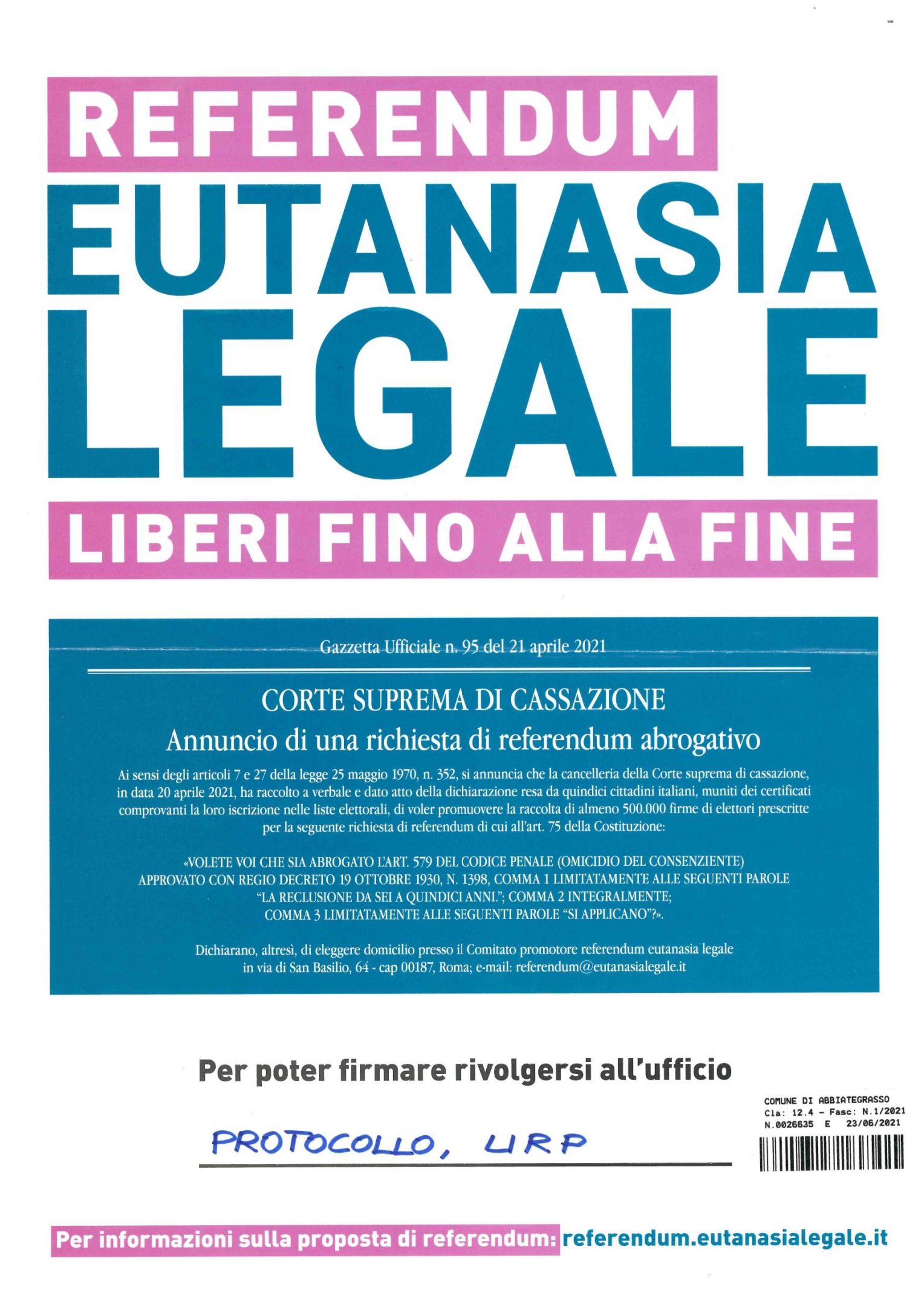  Referendum Eutanasia legale, al via la raccolta firme